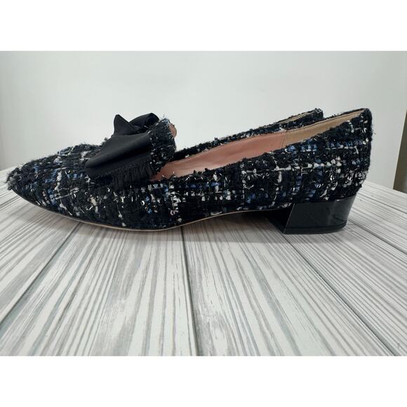 Kate Spade Blue Gino Tuxedo Tweed Loafer Heels Women’s 8M Black Bow Chunky Heel - Picture 2 of 10